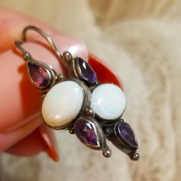 VTG designer signed Monsoon Opal Amethyst Sterling Silver Earrings - Picture 6 of 6